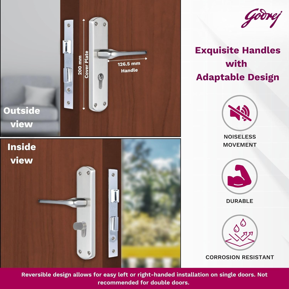 Godrej Mortise Lock I Handle Set 1CK EM02 I Satin Steel Finish I 6-Lever Lock I 3 Keys I Double Throw I Left or Right Handed Door Operation I Mortise Lock with Latch for Home | 5 Years Warranty